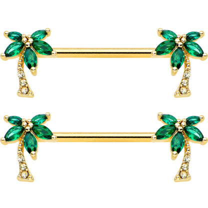 14G 9/16 Clear Green Gem Gold Tone Palm Tree Nipple Ring Set