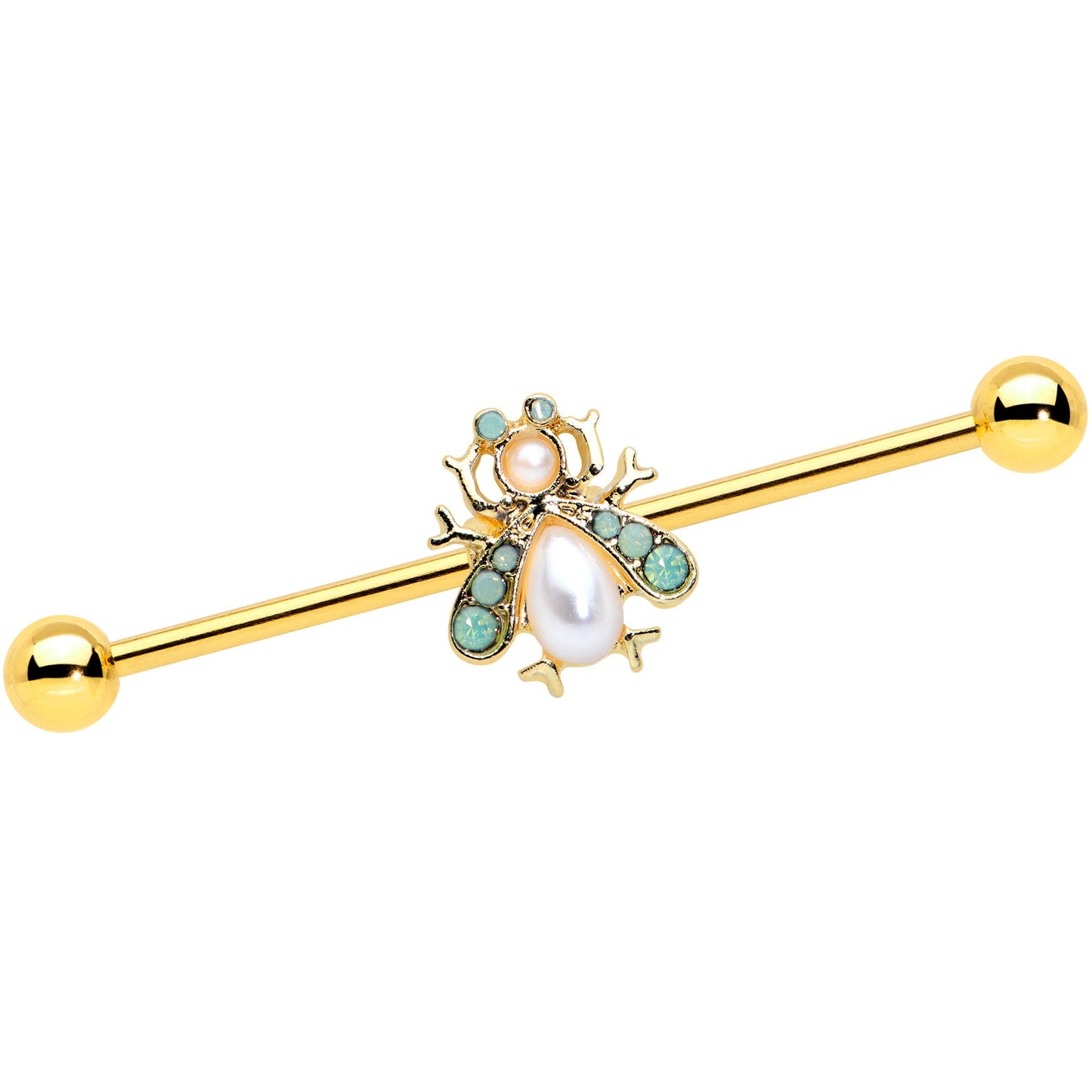 14G White Gem Gold Tone Snow Bug Industrial Barbell 38mm
