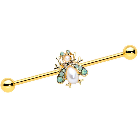 14G White Gem Gold Tone Snow Bug Industrial Barbell 38mm