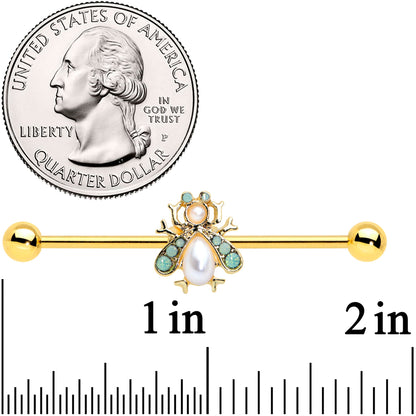 14G White Gem Gold Tone Snow Bug Industrial Barbell 38mm