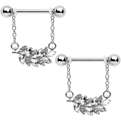 14G 9/16 Clear Gem Leafy Branch Dangle Nipple Ring Set