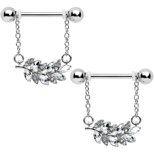 14G 9/16 Clear Gem Leafy Branch Dangle Nipple Ring Set