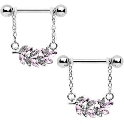 14G 9/16 Clear Pink Gem Leafy Branch Dangle Nipple Ring Set