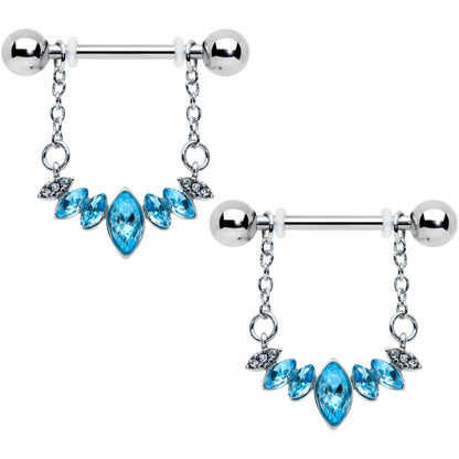 14G 9/16 Blue Gem Crowning Glory Chain Dangle Nipple Ring Set