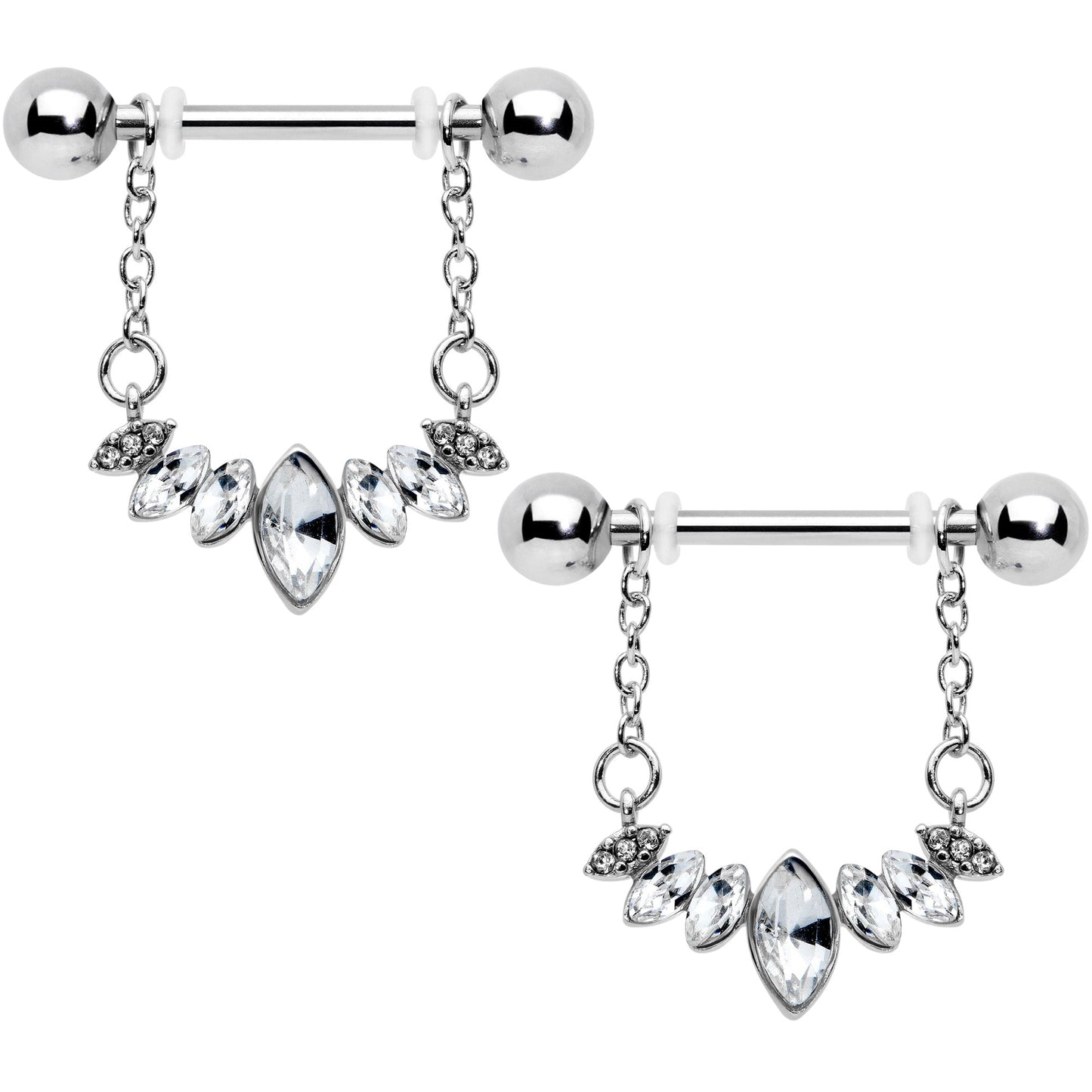 14G 9/16 Clear Gem Crowning Glory Chain Dangle Nipple Ring Set
