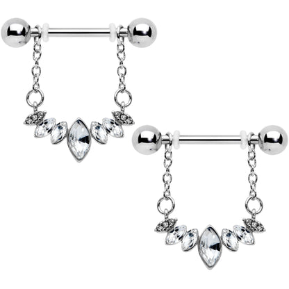 14G 9/16 Clear Gem Crowning Glory Chain Dangle Nipple Ring Set