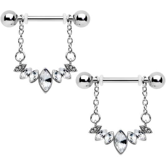 14G 9/16 Clear Gem Crowning Glory Chain Dangle Nipple Ring Set
