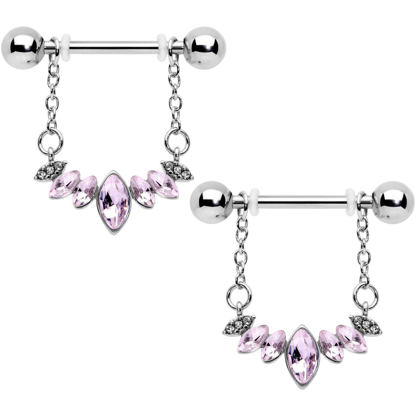 14G 9/16 Pink Gem Crowning Glory Chain Dangle Nipple Ring Set