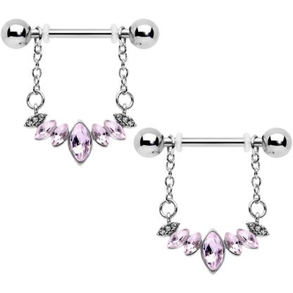 14G 9/16 Pink Gem Crowning Glory Chain Dangle Nipple Ring Set