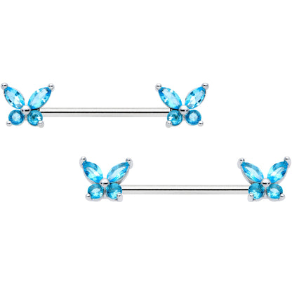 14G 3/4 Blue CZ Gem Butterflies Barbell Nipple Ring Set