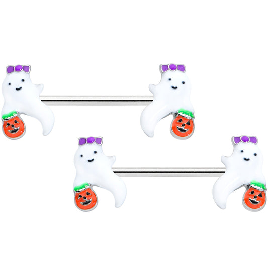 14G 9/16 Trick or Treat Bow Ghost Halloween Nipple Ring Set