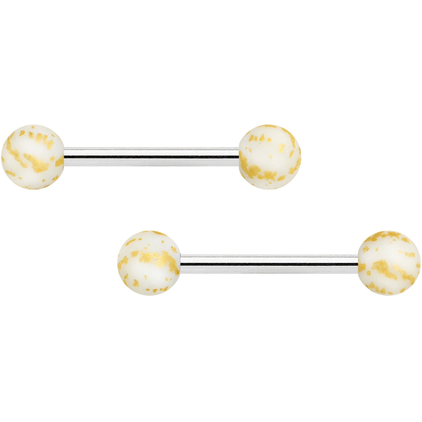 14G 9/16 Matte White Splatter Barbell Nipple Ring Set