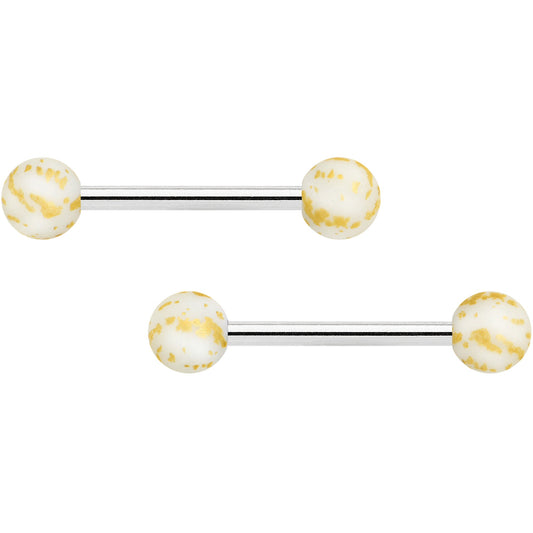 14G 9/16 Matte White Splatter Barbell Nipple Ring Set
