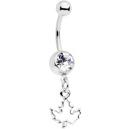Clear Gem Autumn White Maple Leaf Dangle Belly Ring