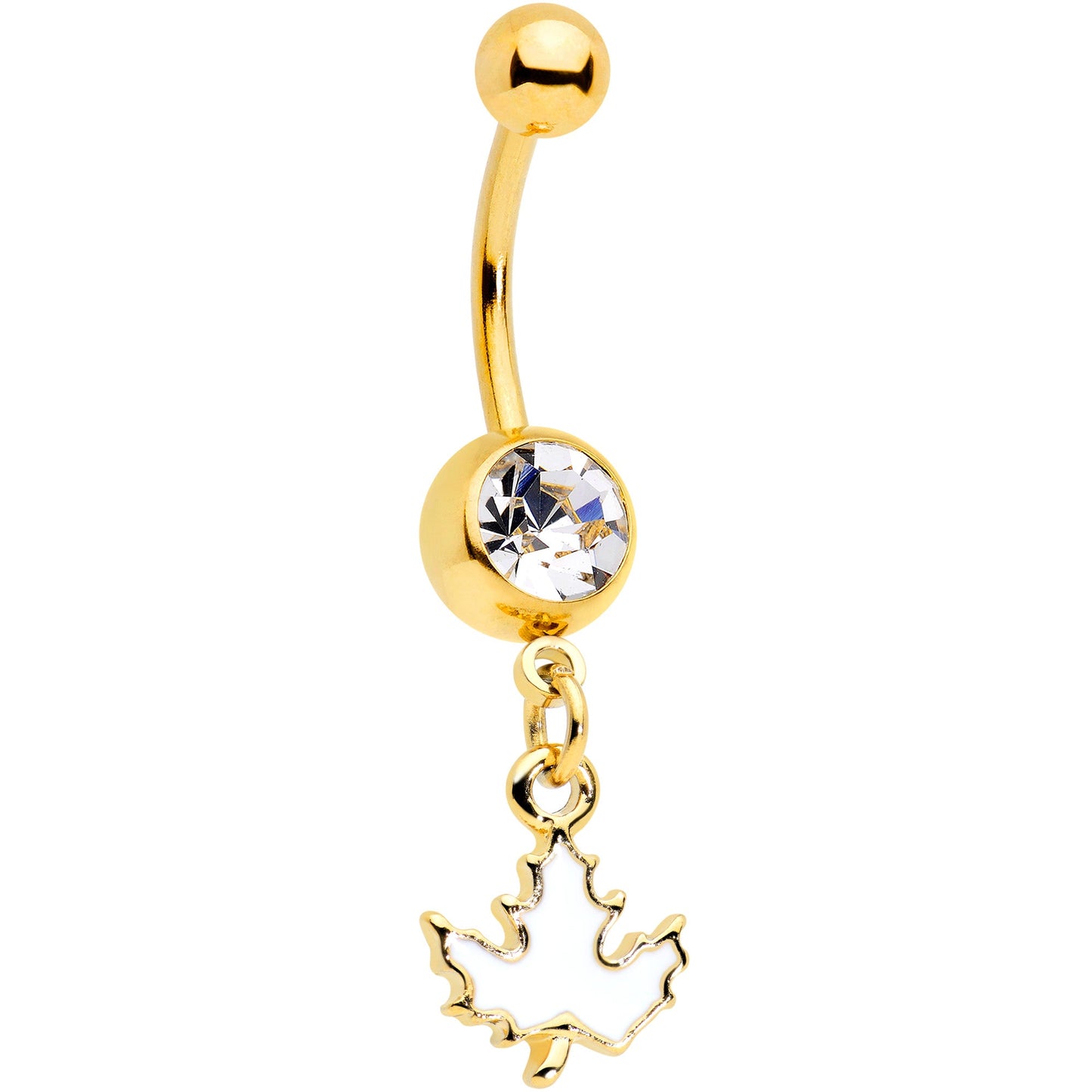 Clear Gem Gold Tone Autumn White Maple Leaf Dangle Belly Ring