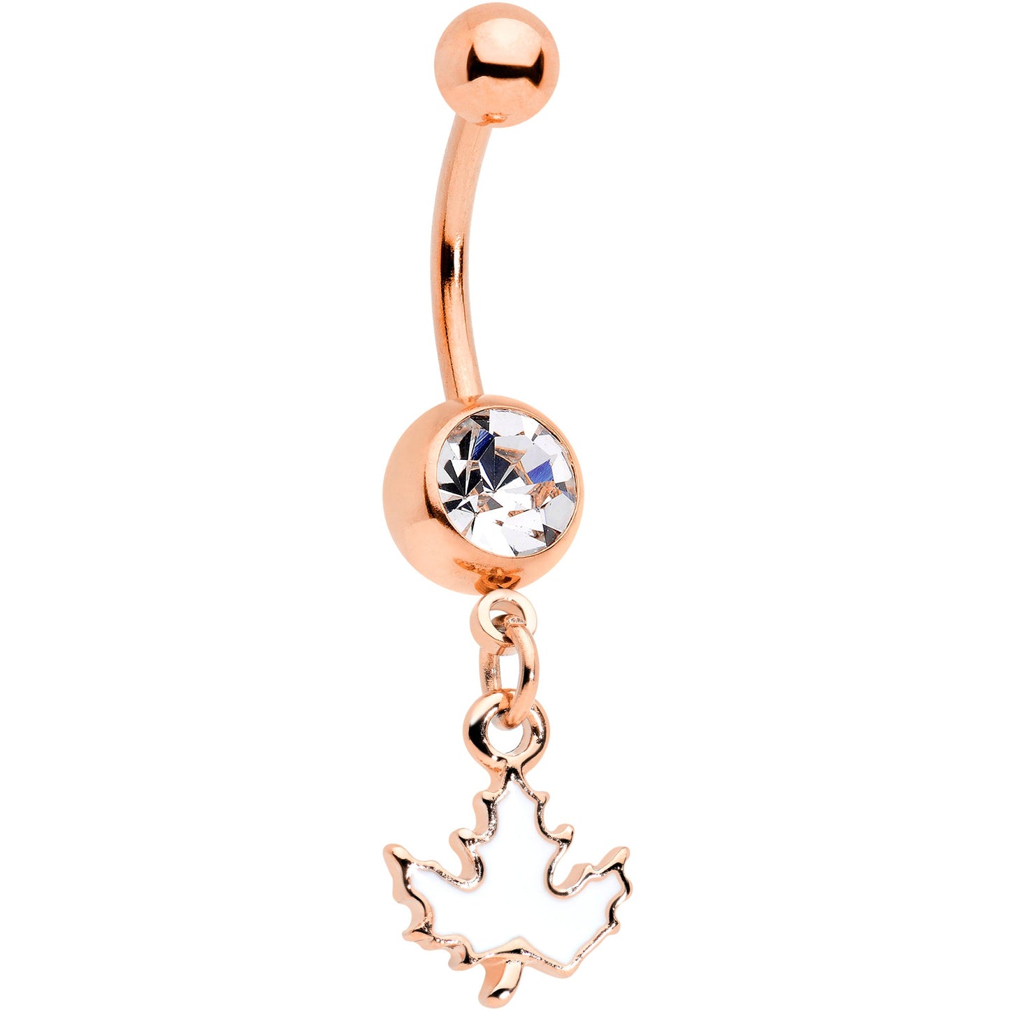 Clear Gem Rose Gold Tone Autumn White Maple Leaf Dangle Belly Ring
