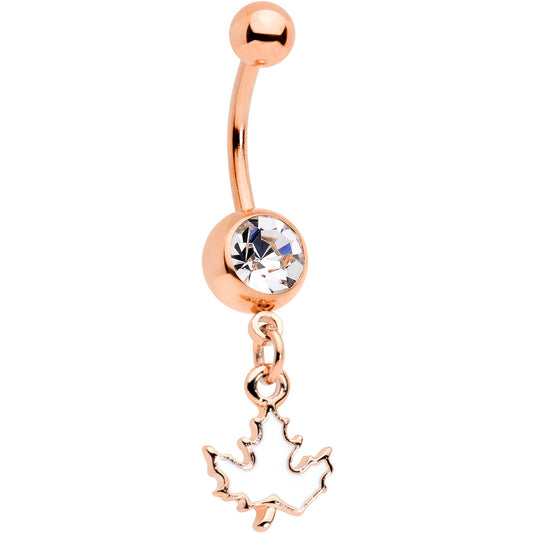 Clear Gem Rose Gold Tone Autumn White Maple Leaf Dangle Belly Ring