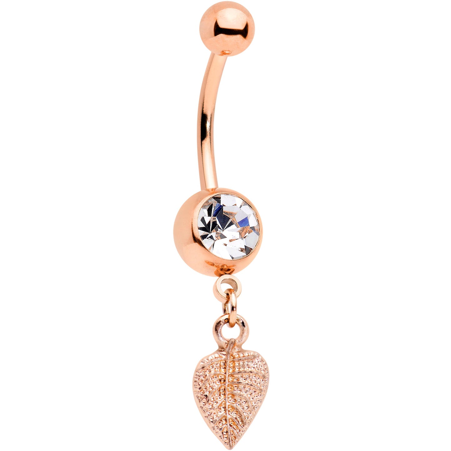 Clear Gem Rose Gold Tone Autumn Textured Leaf Dangle Belly Ring