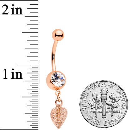 Clear Gem Rose Gold Tone Autumn Textured Leaf Dangle Belly Ring