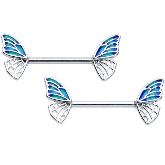 14G 9/16 Simple Blue Wing Butterfly Barbell Nipple Ring Set