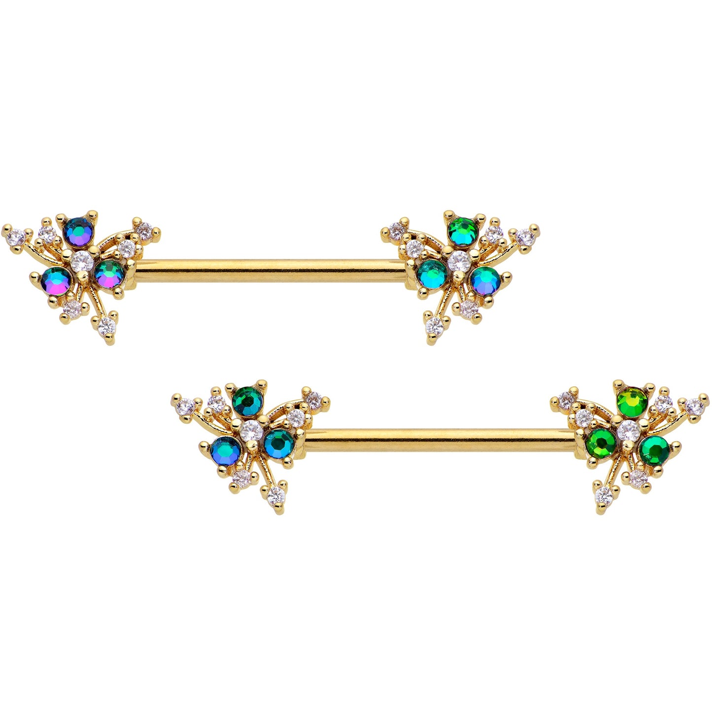 14G 9/16 Purple Tourmaline Gold Tone Spray Nipple Ring Set