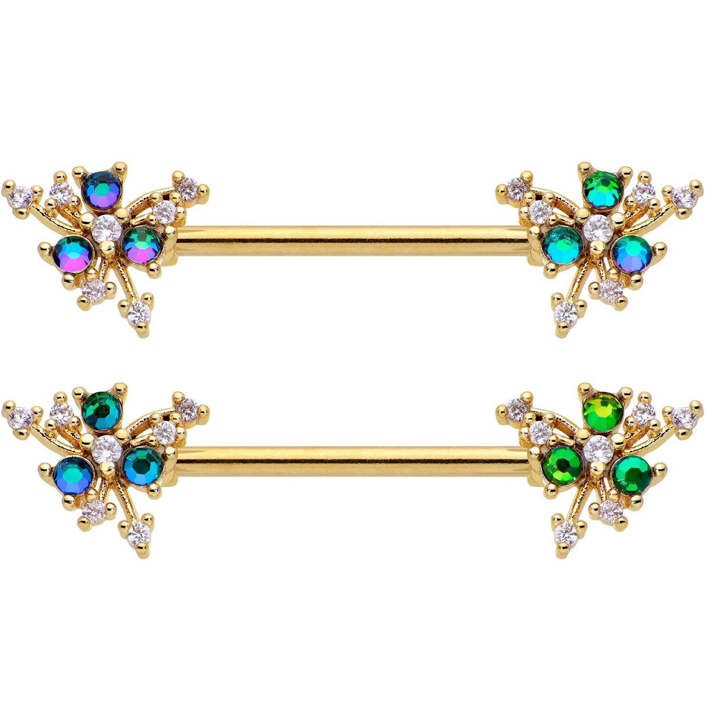 14G 9/16 Purple Tourmaline Gold Tone Spray Nipple Ring Set