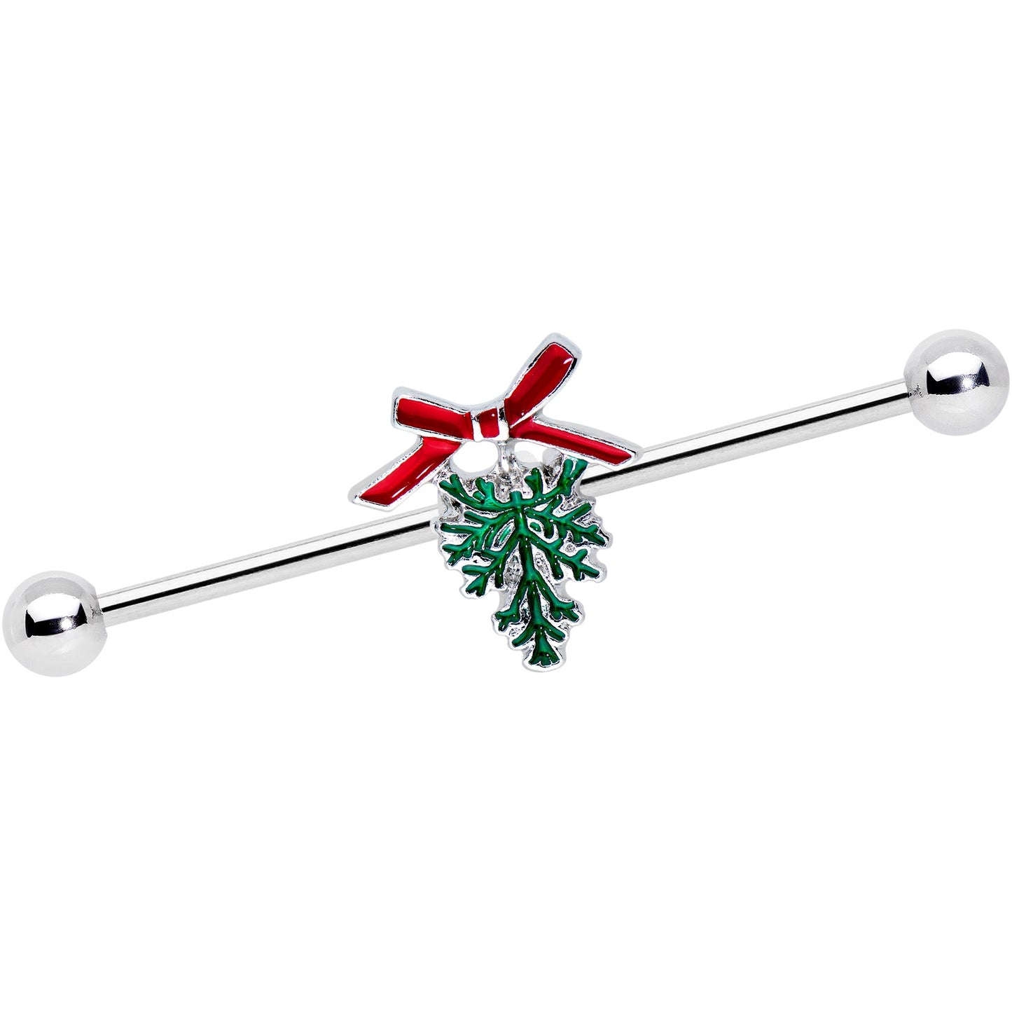 14G Pine Bough Red Bow Christmas Industrial Barbell 38mm