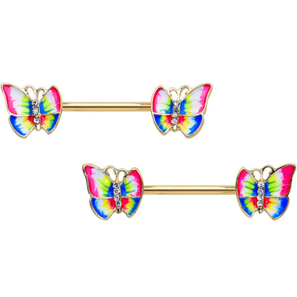 14G 9/16 Clear Gem Gold Tone Bright Butterfly Nipple Ring Set