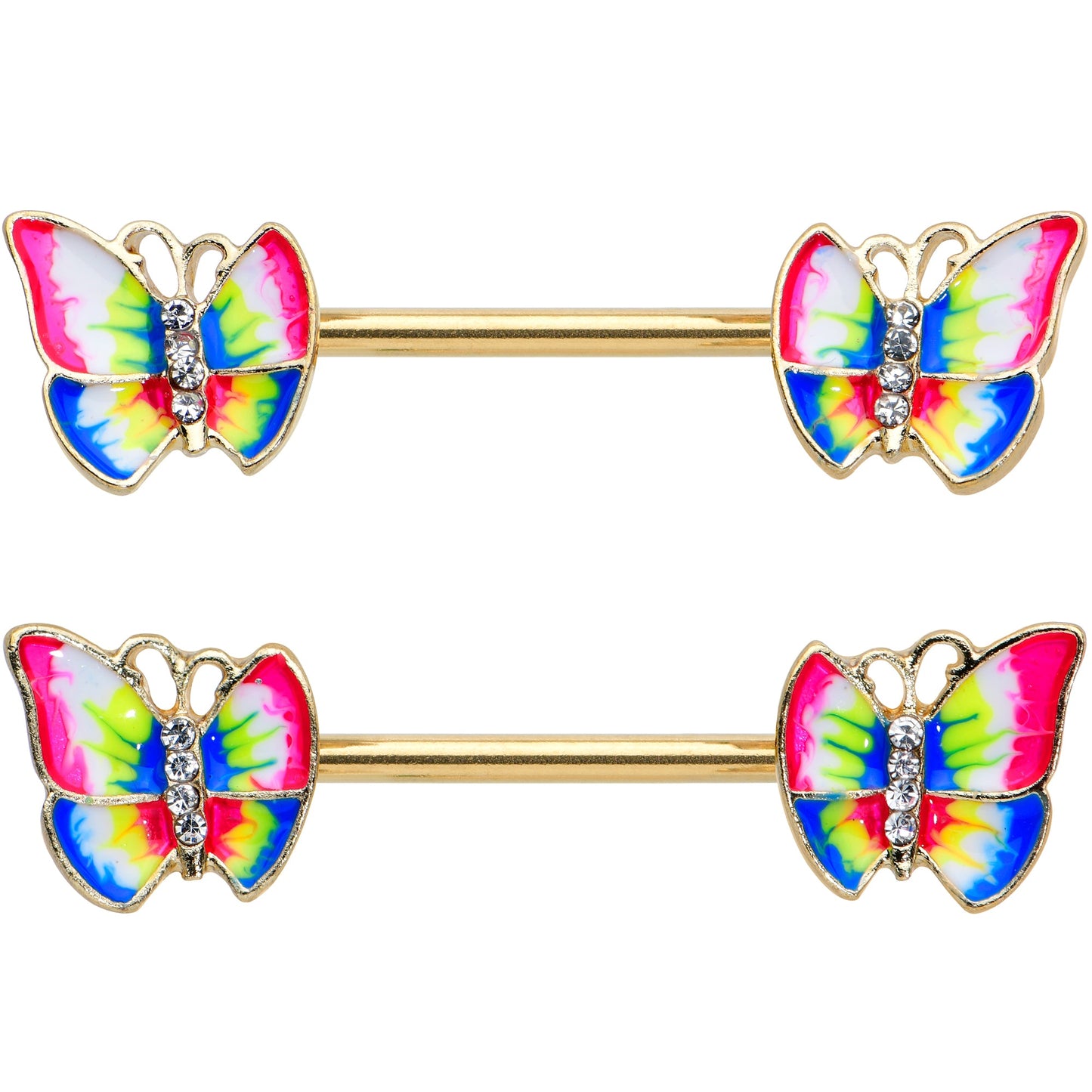14G 9/16 Clear Gem Gold Tone Bright Butterfly Nipple Ring Set
