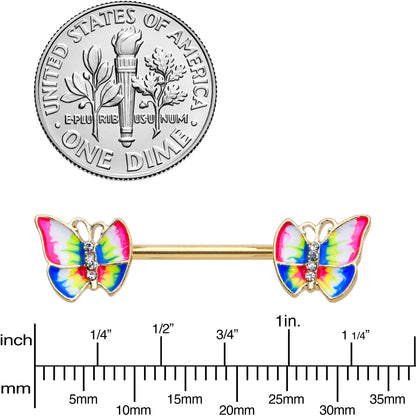 14G 9/16 Clear Gem Gold Tone Bright Butterfly Nipple Ring Set