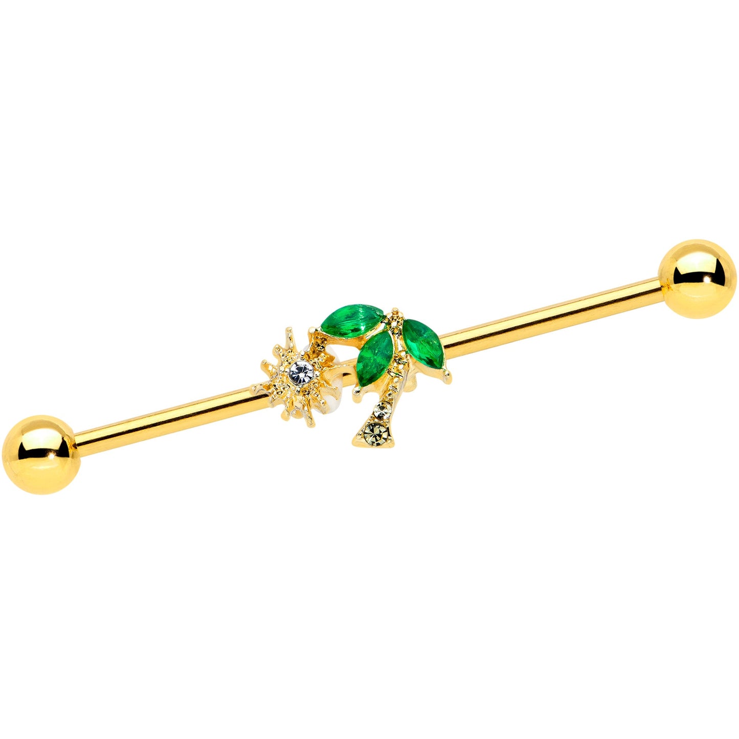 14G Green Gem Gold Tone Sun Palm Tree Industrial Barbell 38mm