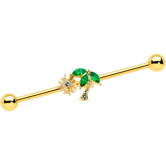 14G Green Gem Gold Tone Sun Palm Tree Industrial Barbell 38mm