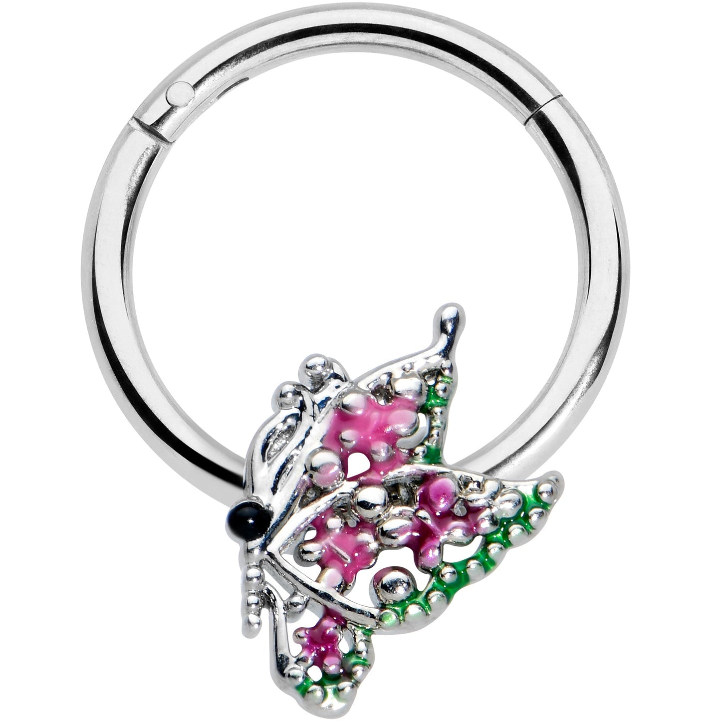 16G 3/8 Textured In Pink Butterfly Hinged Segment Ring