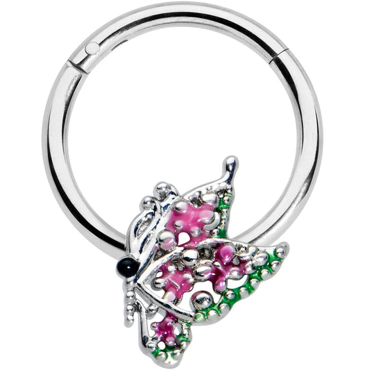 16G 3/8 Textured In Pink Butterfly Hinged Segment Ring