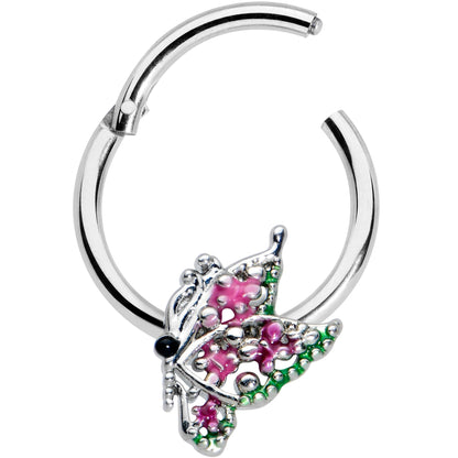 16G 3/8 Textured In Pink Butterfly Hinged Segment Ring