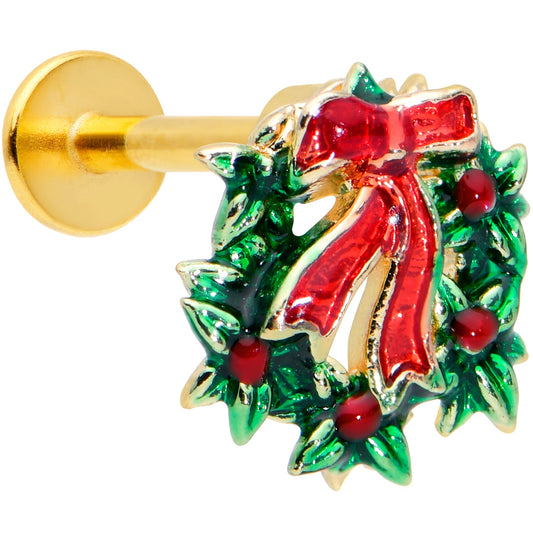 16G 5/16 Gold Tone Festive Wreath Bow Christmas Labret Tragus