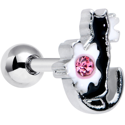 16G 1/4 Pink Gem Black Cat White Flowers Cartilage Tragus Earring