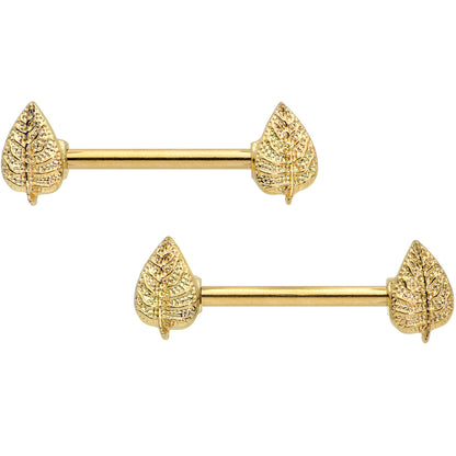 14G 9/16 Gold Tone Autumn Textured Leaf Barbell Nipple Ring Set