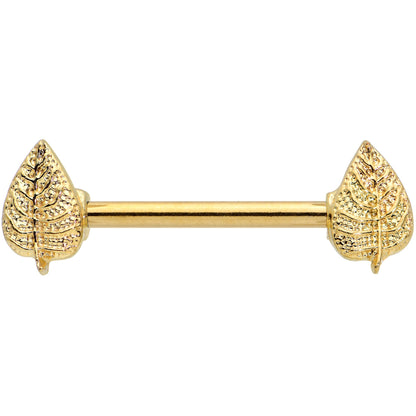 14G 9/16 Gold Tone Autumn Textured Leaf Barbell Nipple Ring Set