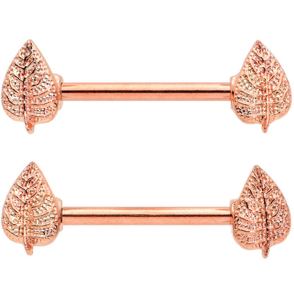 14G 9/16 Rose Gold Tone Fall Texture Leaf Barbell Nipple Ring Set