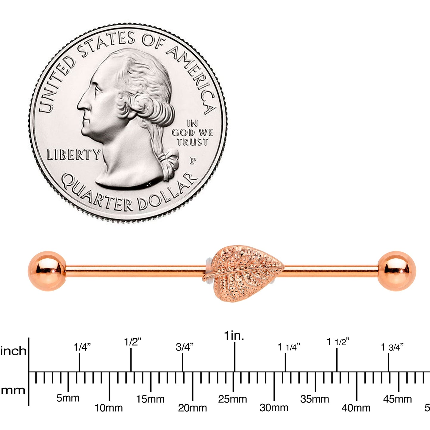 14G Rose Gold Tone Autumn Textured Leaf Industrial Barbell 38mm