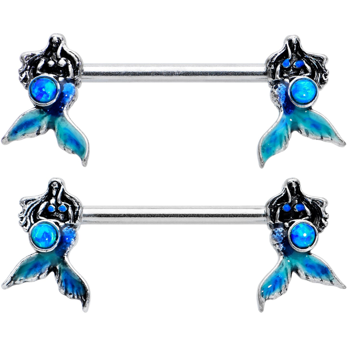 14G 9/16 Blue Synthetic Opal Mermaid Tail Barbell Nipple Ring Set