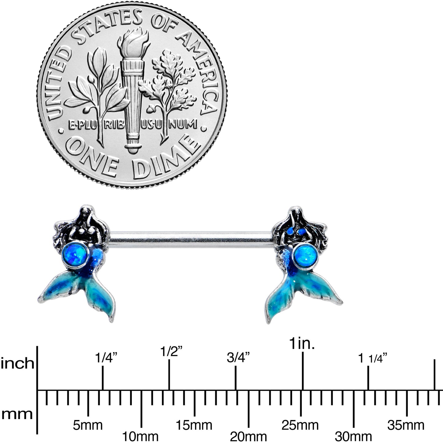 14G 9/16 Blue Synthetic Opal Mermaid Tail Barbell Nipple Ring Set