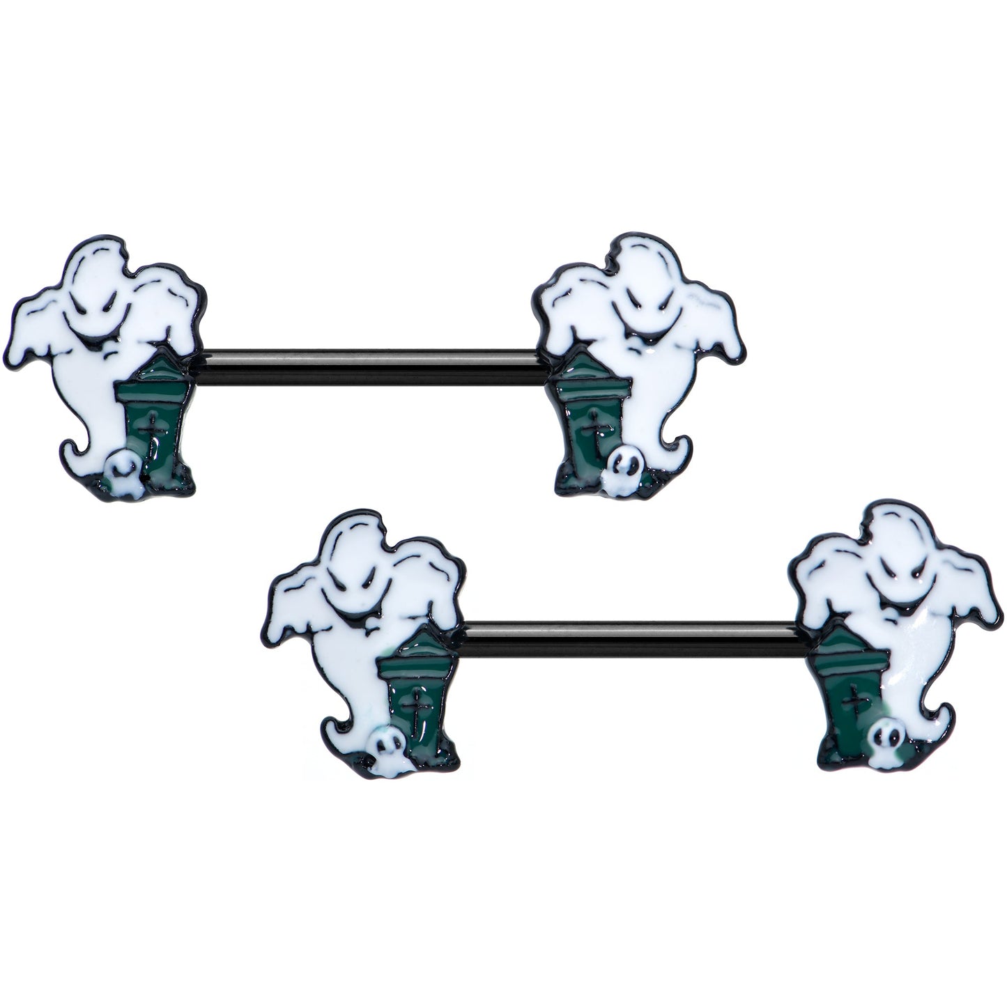 14G 9/16 Black Graveyard Ghost Halloween Barbell Nipple Ring Set