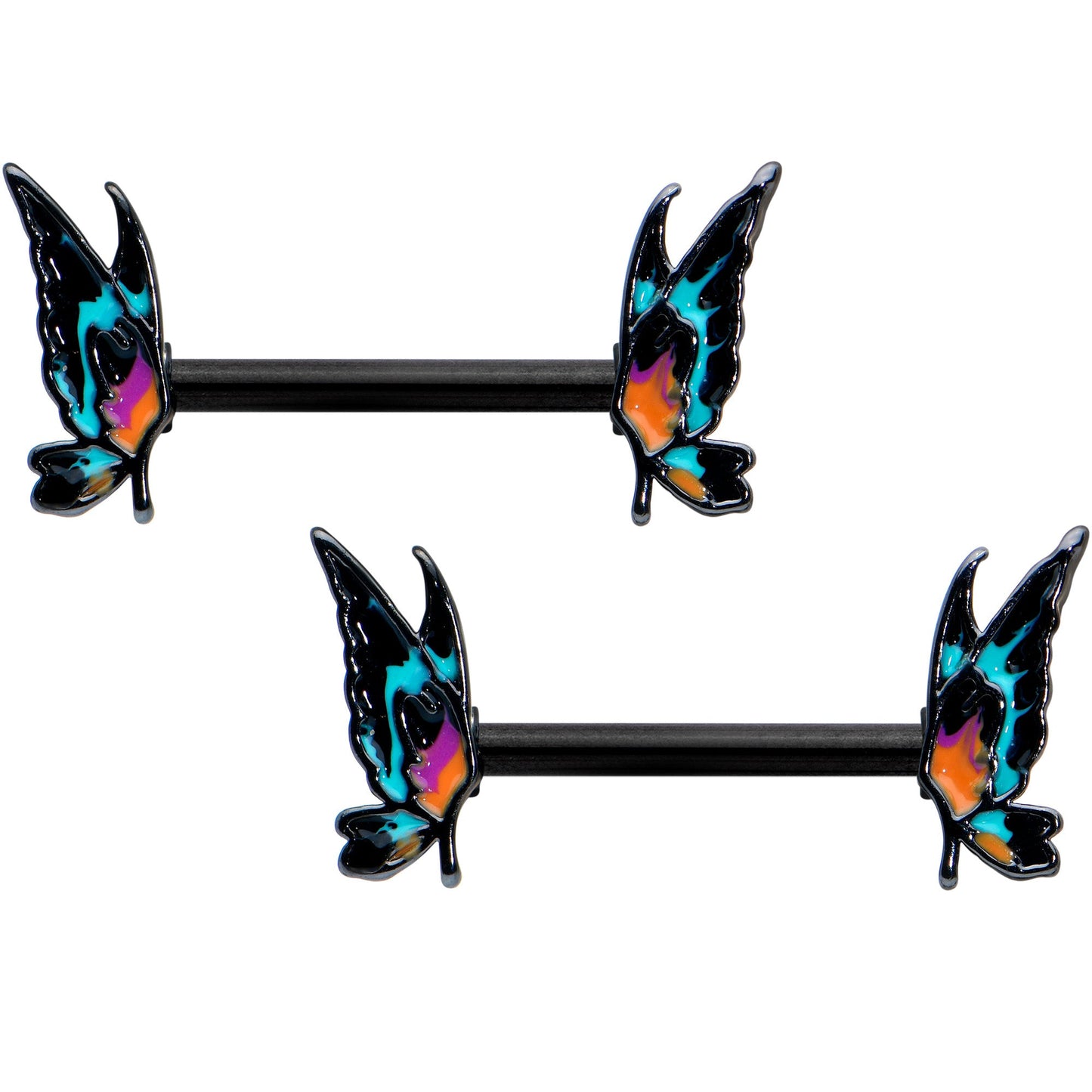 14G 9/16 Black Sunset Butterfly Barbell Nipple Ring Set