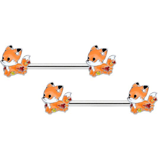 14G 9/16 Cute Fall Fox Barbell Nipple Ring Set