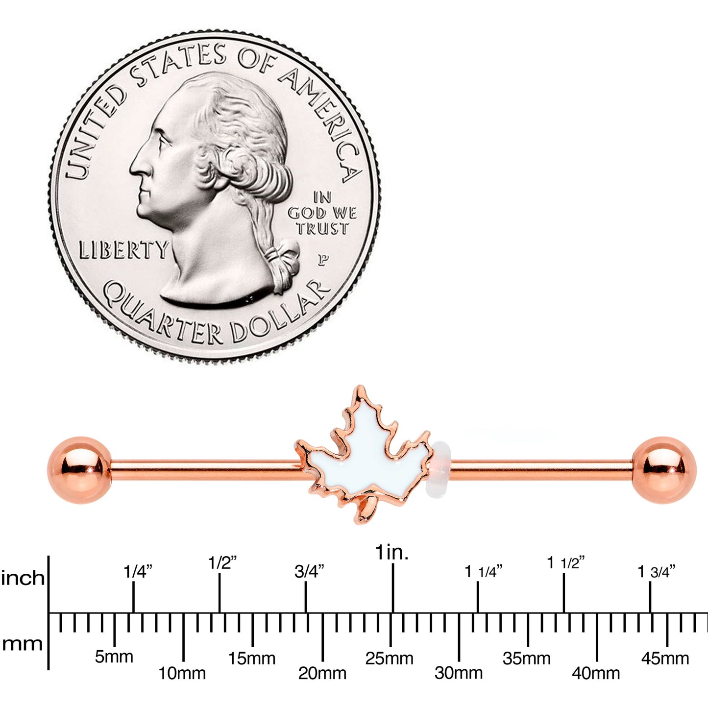 14G Rose Gold Hue Autumn White Maple Leaf Industrial Barbell 38mm
