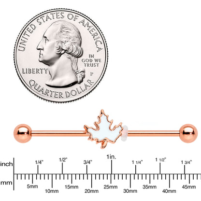 14G Rose Gold Hue Autumn White Maple Leaf Industrial Barbell 38mm