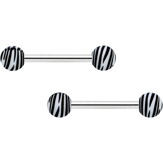 14G 9/16 Matte White Zebra Stripe Barbell Nipple Ring Set