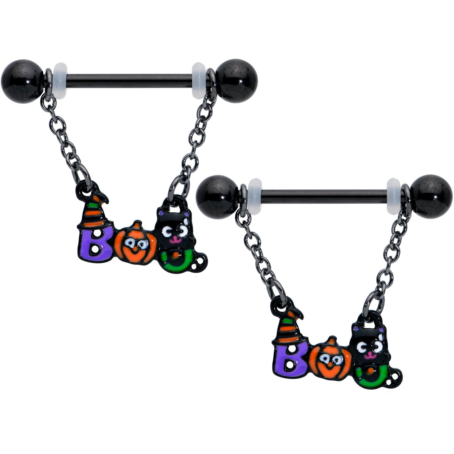14G 5/8 Black Boo Party Halloween Chain Dangle Nipple Ring Set